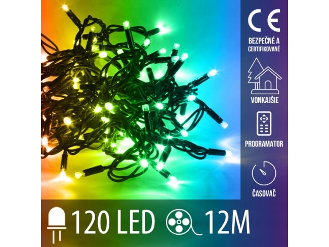 LED vianočná reťaz vonkajšia aj vnútorná - 12 m, RGB, ovládač, programy, časovač