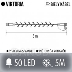 VIKTÓRIA spojovateľná LED svetelná reťaz vonkajšia - 50LED - 5M Studená biela - biely kábel
