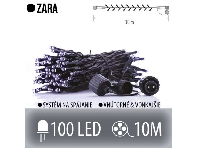 ZARA spojovateľná LED svetelná reťaz vonkajšia - 100LED - 10M Studená biela