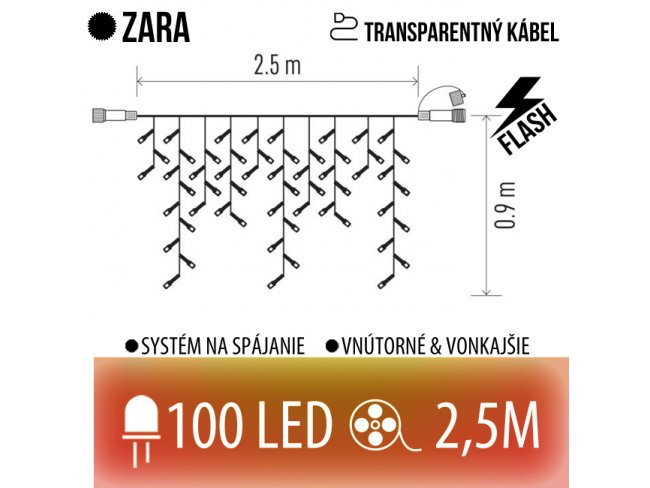 Zara spojovateľná led svetelná záclona vonkajšia flash - 100led - 2,5m červená/flash prebliknutie vintage - transparentný kábel