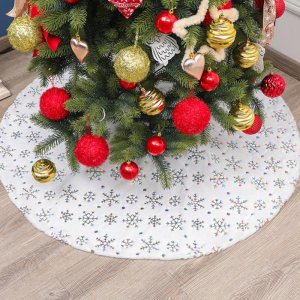 Koberček pod Vianočný stromček - 55cm - biela umelá kožušina - viacfarebné vločky