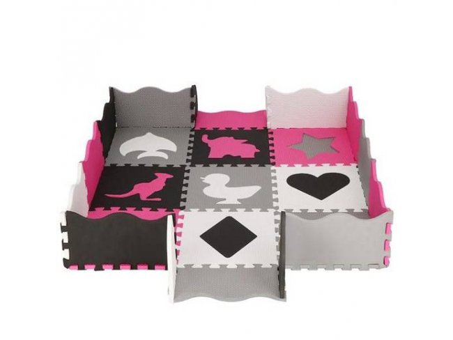 SPRINGOS Penové puzzle tvary - 120x120cm - sivá, ružová, čierna