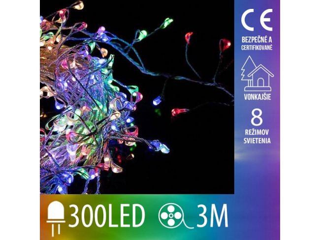 Vianočná led svetelná mikro reťaz cluster vonkajšia + programator - 300led - 3m multicolour