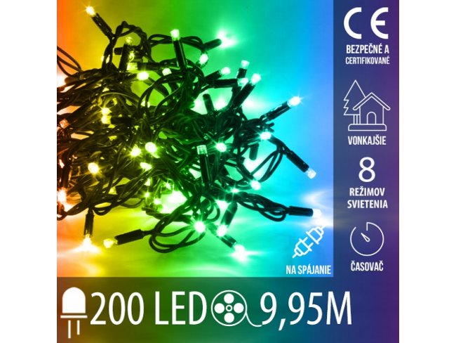 Vianočná led svetelná reťaz vonkajšia na spájanie s časovačom + programy - 200led - 9,95m multicolour