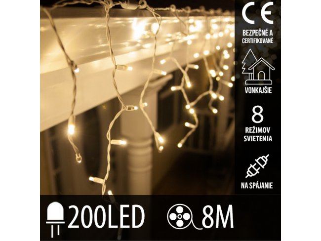 Vianočná led svetelná záclona na spájanie vonkajšia - programy - 200led - 8m teplá biela
