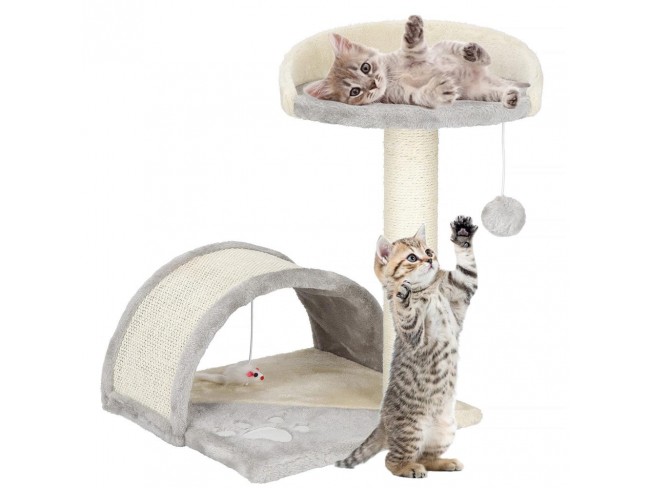 Springos Sisalové škrabadlo pre mačky s hračkou - 2-úrovne - 47 cm - svetlosivé