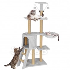Springos Sisalové škrabadlo pre mačky s hračkou - 8-úrovní - 136 cm - svetlosivé
