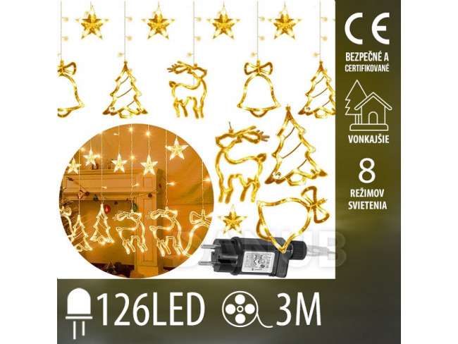 Vianočná led svetelná záclona vonkajšia - svietiace ozdoby - programátor - 126led - 3m teplá biela