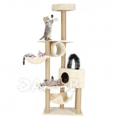 Springos Sisalové škrabadlo pre mačky s hračkami - 7-úrovní - 154 cm - béžové