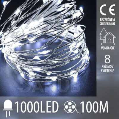 Vianočná led svetelná mikro reťaz vonkajšia + programator - 1000led - 100m studená biela