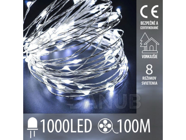 Vianočná led svetelná mikro reťaz vonkajšia + programator - 1000led - 100m studená biela