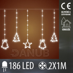 Vianočná led svetelná záclona vonkajšia - záves - zvonček/stromček/hviezda - 186led - 2m studená biela