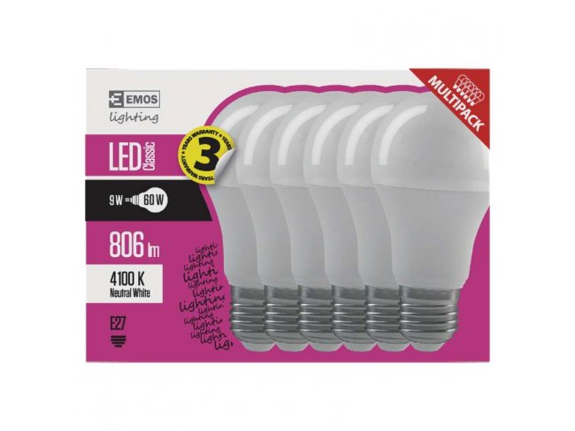 LED žiarovka Classic A60 9W E27 neutrálna biela - 6ks