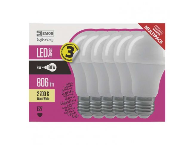 LED žiarovka Classic A60 9W E27 teplá biela 6ks