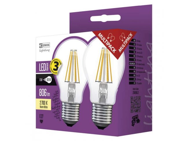 LED žiarovka filament A60 A++ 6W E27 teplá biela 2ks