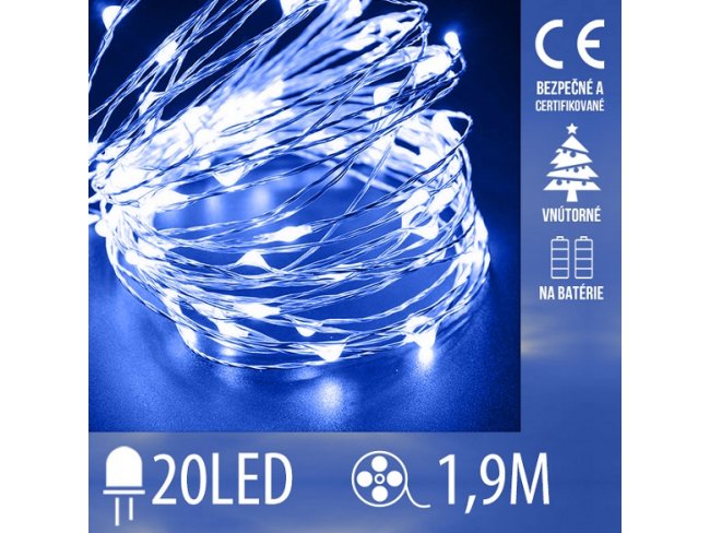 Vianočná led svetelná mikro reťaz na batérie - 20led - 1,9m modrá