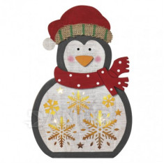 LED vianočný tučniak drevený, 30cm, 2× AAA, teplá b., čas.