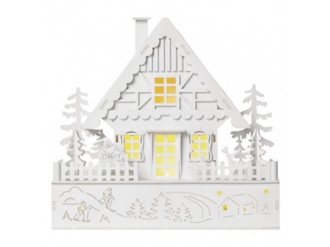 LED vianočný domček, 28cm, 2× AAA, teplá biela, časovač