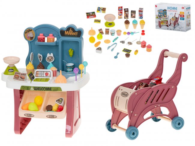 Detský supermarket s pokladňou + vozík + príslušenstvo - 40 ks 