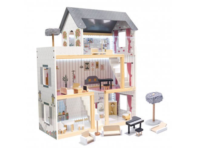 Domček pre bábiky MDF drevený s LED doplnkami 78cm čierny