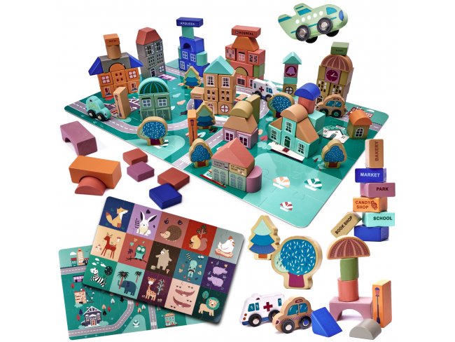 Náučné drevené kocky a puzzle - mesto - 181 ks