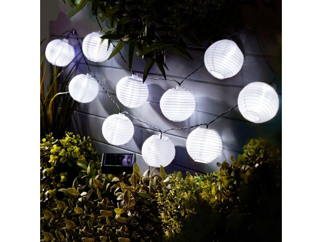 Reťaz zo solárnych lampiónov - 10 ks bielych lampiónov, studená biela LED - 3,7 m