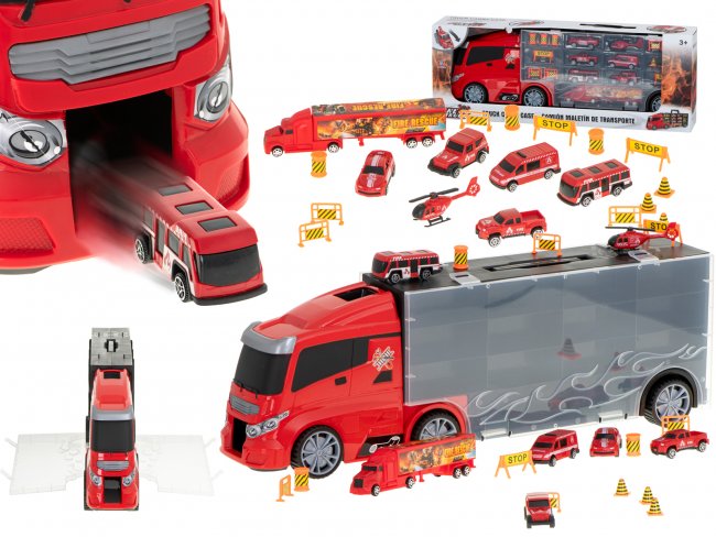 Nákladné auto - transportér - s odpaľovačom pre autá + 7 hasičských áut