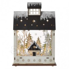LED vianočný domček drevený, 30 cm, 2x AA, vnútorný, teplá biela, časovač