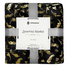 SPRINGOS Plyšová deka LUX - 150x200cm - čierna + zlaté listy
