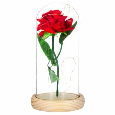 Springos Večná ruža v skle - Led - 22 cm - červená / zelené listy - prírodné drevo