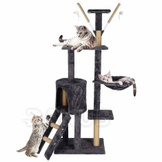 Springos Sisalové škrabadlo pre mačky s hračkami - 6-úrovní - 145 cm - grafitové