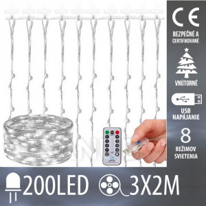 Vianočná led svetelná záclona vnútorná USB - 200 led - programy - ovládač - 3x2m - studená biela