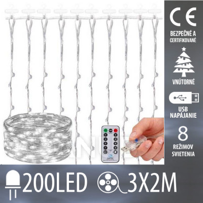 Vianočná led svetelná záclona vnútorná USB - 200 led - programy - ovládač - 3x2m - studená biela
