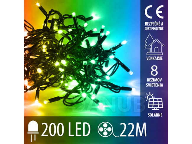 Vianočná led svetelná reťaz solárna + programator - 200led - 22m multicolour