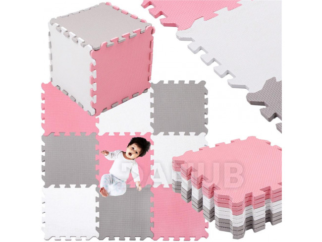 SPRINGOS Penové puzzle štvorce - 95,5x95,5x1cm - biela, sivá, ružová