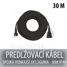 Predlžovací kábel spojka vonkajší 3x1,5 guma - 30m čierny ip44