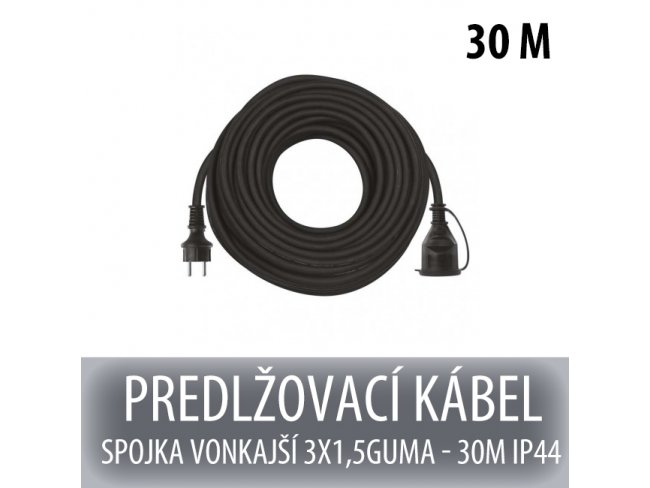 Predlžovací kábel spojka vonkajší 3x1,5 guma - 30m čierny ip44