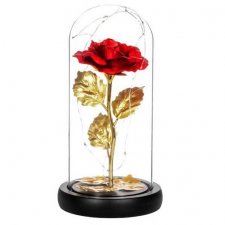 Springos Večná ruža v skle - Led - 22 cm - červená / zlaté listy