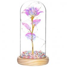 Springos Večná ruža v skle - Led - 22 cm - krištáľ / zlatá stonka / farebné guličky