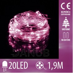 Vianočná led svetelná mikro reťaz na batérie - 20led - 1,9m ružová