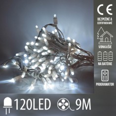Vianočná led svetelná reťaz vonkajšia na batérie + programator - 120led - 9m studená biela