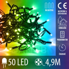 Vianočná led svetelná reťaz vonkajšia na batérie s časovačom + programator - 50led - 4,90m Multicolour