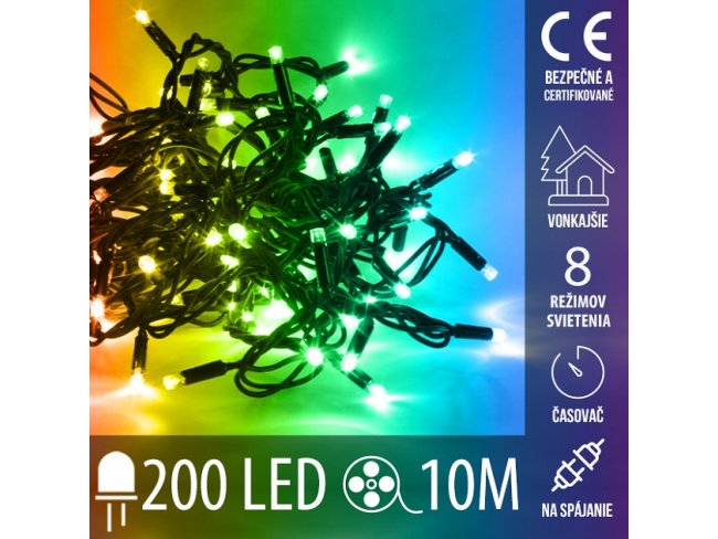 Vianočná led svetelná reťaz vonkajšia na spájanie s časovačom + programy + diaľkový ovládač - 200led - 10m multicolour