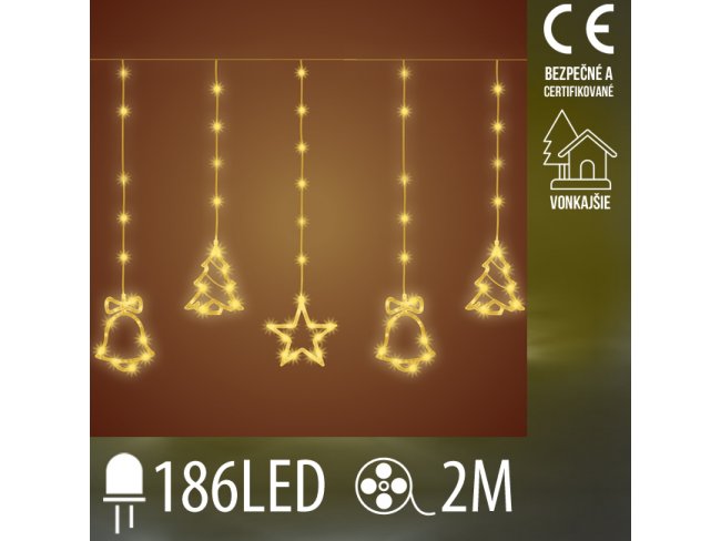 Vianočná led svetelná záclona vonkajšia - záves - vonček/stromček/hviezda - 186led - 2m teplá biela