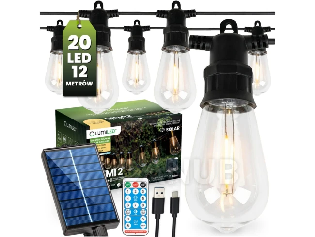 Záhradná solárna girlanda 20x LED dekoračné žiarovky 11, 68m 3000K teplá biela + diaľkové ovládanie LUMILED Záhradná solárna girlanda 20x LED dekoračné žiarovky 11, 68m 3000K teplá biela + diaľkové ovládanie LUMILED