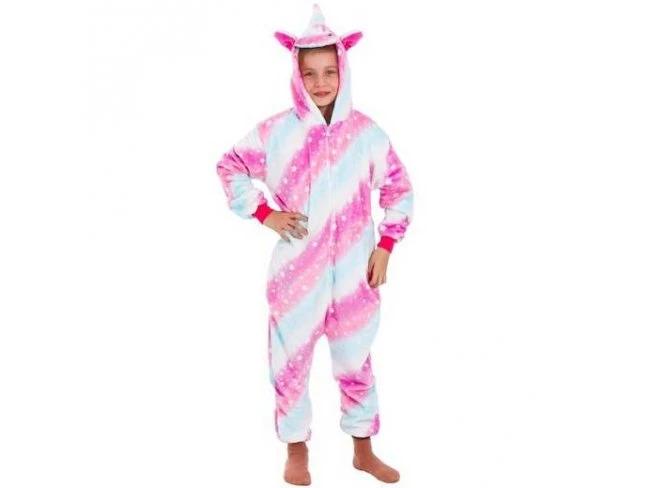 Plyšový overal Kigurumi - vzor jednorožec - 130-140 cm