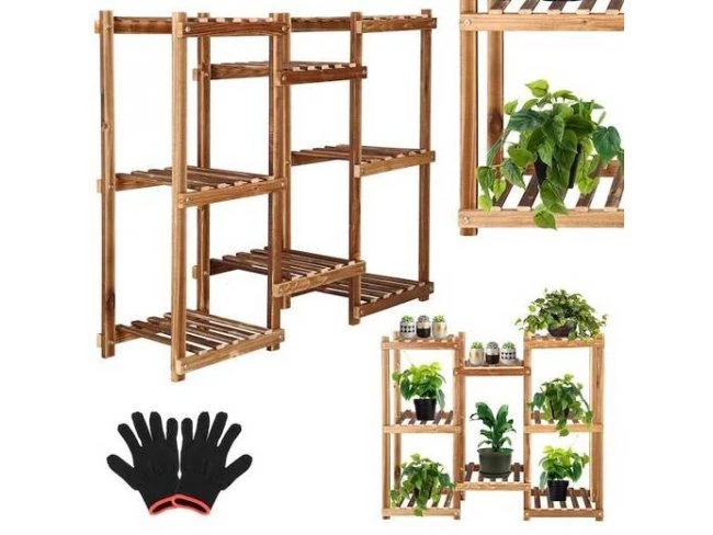 Drevený stojan na kvety s 8 policami - 70cm - tmavá hnedá/antický efekt