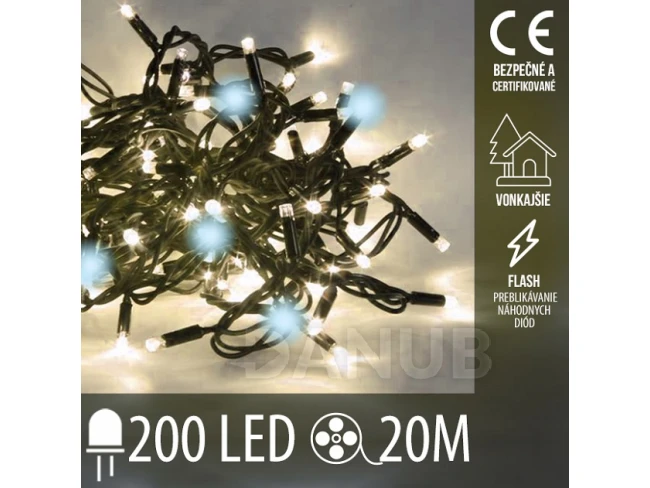 Vianočná led svetelná reťaz vonkajšia flash - 200led - 20m teplá biela+studená biela