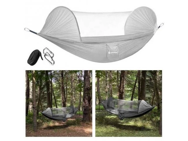Kempingová hojdacia sieť s moskytiérou - 200 kg - 260x140 cm - šedá
