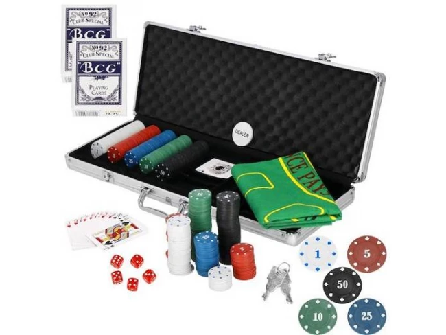 Pokerový set - kufrík + 500 žetónov + kocky + podložka